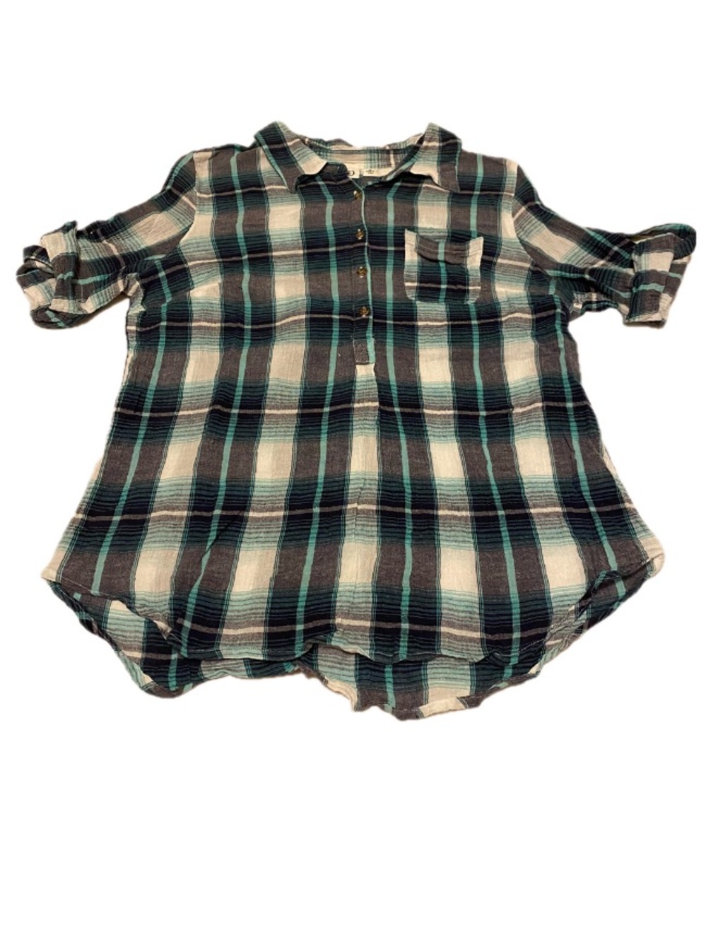 Cato Womens Large Blue, Grey, & White Plaid Henley Style Shirt w Cuffed Sleeve